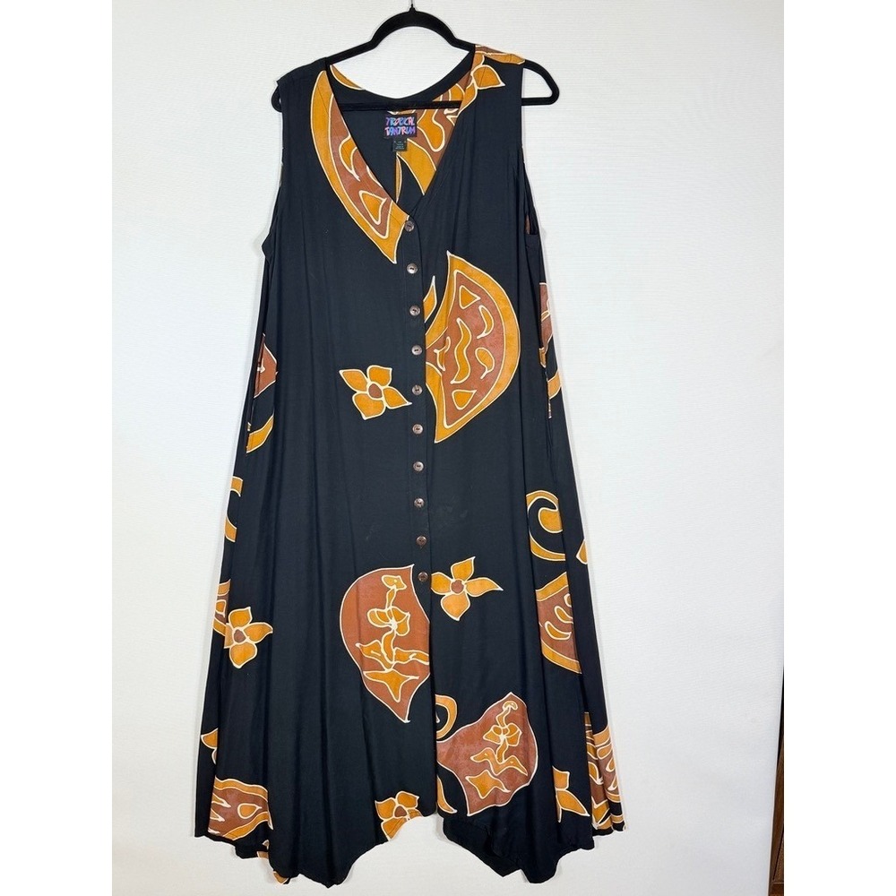 Tropical Tantrum 1X Maxi Dress Black Abstract Island Resort Chic Cruise Flowy